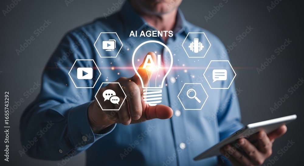 Aufkleber man interacting with ai agents interface on digital tablet with lightbulb and hexagon icons