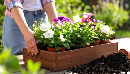 Woman planting colorful flowers in a wooden planter box outdoors
