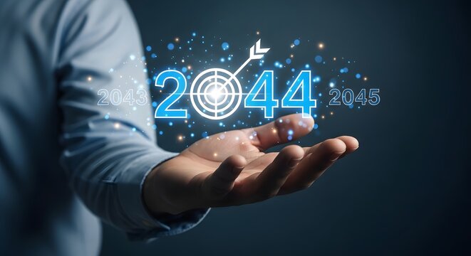 Person holding a target with the year 2044 with years 2043 and 2045 on either side in blue light