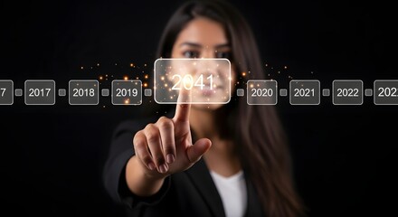 Woman touching a futuristic timeline interface with the year 2041 highlighted on a black background