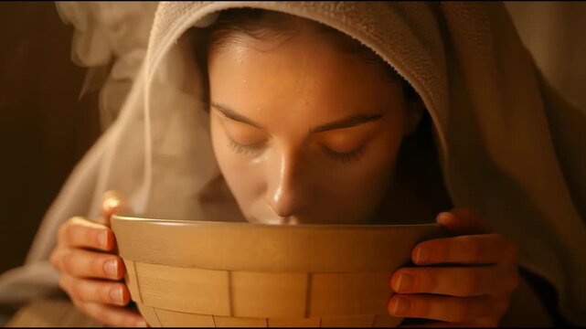 A woman leans over a bowl, inhaling steam with a serene expression, wrapped in a towel or blanket.
