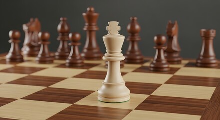 A close up of a white king chess piece on a chessboard with brown pieces in the background view