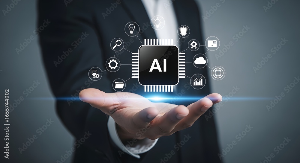 Poster a hand presenting a central ai chip surrounded by icons representing various digital functions