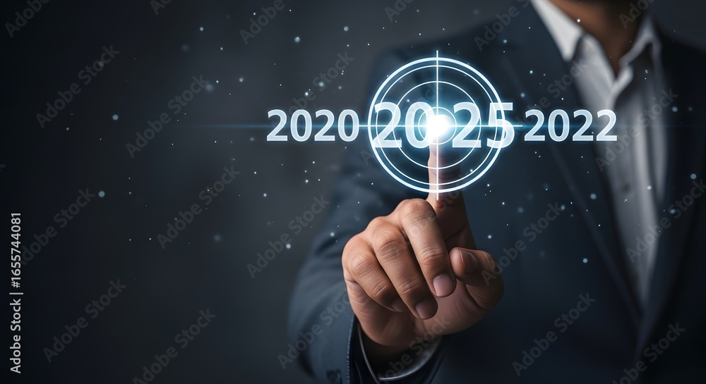 Poster a man in a suit pointing to a target with the year numbers projected on a dark background scene