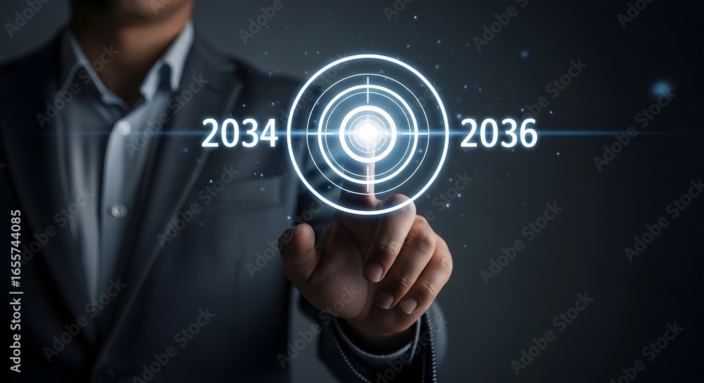 Poster a man in a suit touching a digital target with years 2034 and 2036 on either side of the target