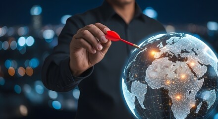 A man in a black shirt holding a red dart pointing at a digital globe with city lights showing