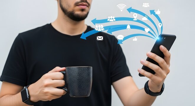 A man holding a mug and a smartphone with social media icons flowing from the phone screen display