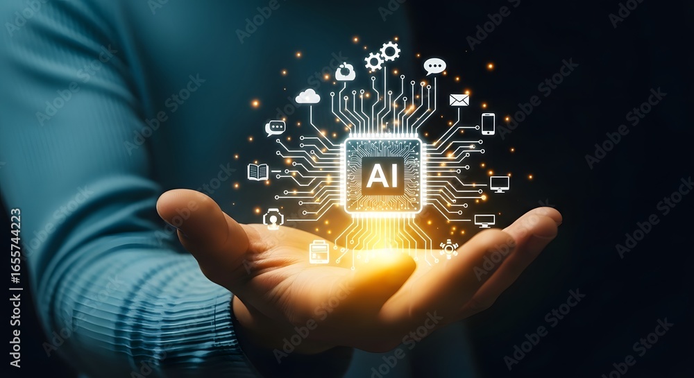 Poster a person holding a glowing ai chip with connected icons representing technology and communication