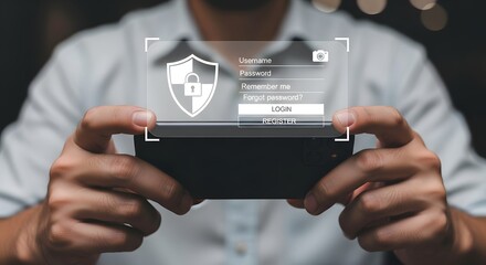 A person holding a phone displaying a login screen with a shield and padlock graphic overlayed