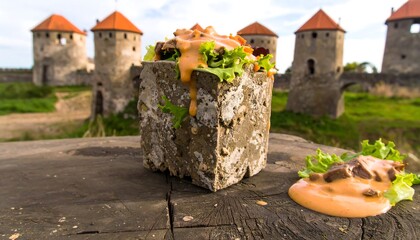 Stone block serving as a bowl for a salad with creamy dressing, set against a medieval castle backdrop