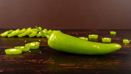Freshly sliced green chili pepper on a dark wooden surface.