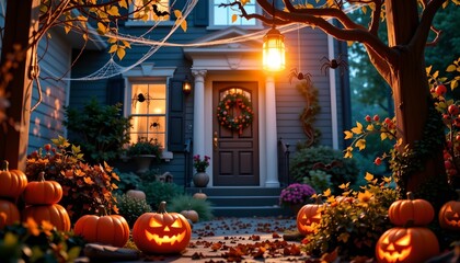 A festive Halloween setting in front of a residential house at dusk