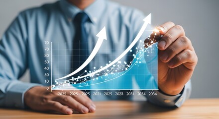A person in a blue shirt drawing a graph with upward trending arrows on a digital interface