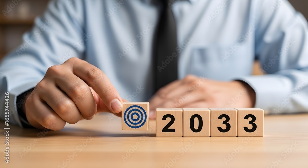 Poster a person setting a goal for the year twenty thirty three using wooden blocks with target symbol
