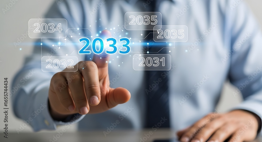 Poster a person interacting with a futuristic interface displaying years from 2031 to 2035 with focus on 20
