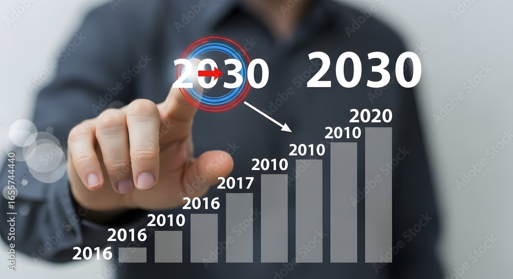 Poster a person pointing at a target on a screen with a bar graph showing growth towards the year 2030