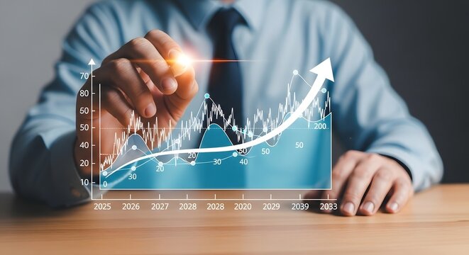A person pointing at an upward trending graph with projected dates and numerical values shown on it