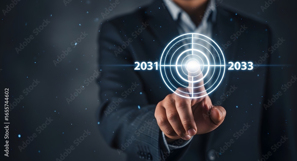 Poster businessman in suit touching a target with the years on either side of it in a futuristic display
