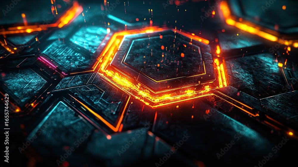 Poster abstract geometric pattern of glowing hexagonal modules
