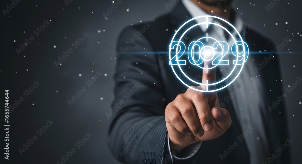 Poster businessman pointing at target with year 2029 on dark background with bokeh lights effect design