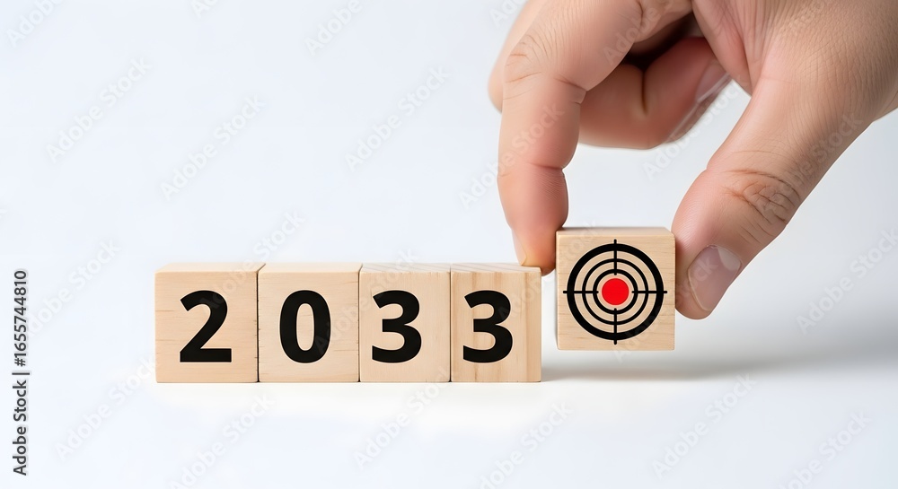 Poster hand placing target block next to wooden blocks displaying the year two thousand thirty three