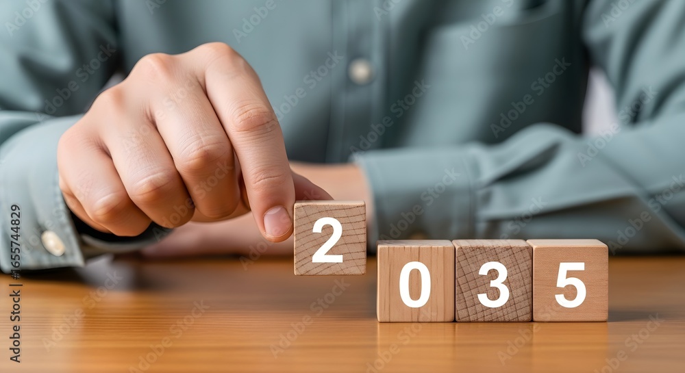 Poster hand placing wooden block with number two to create the year two thousand thirty five on table