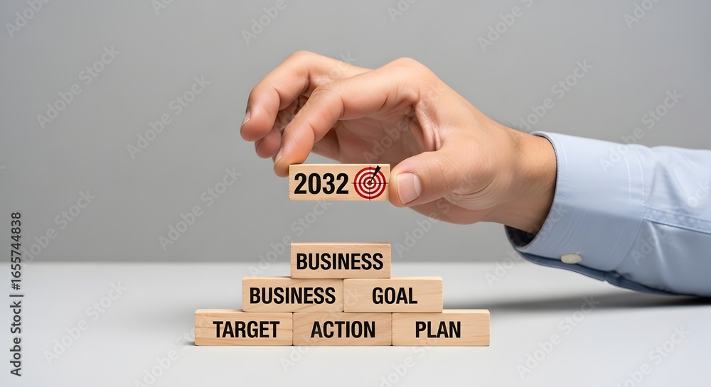 Poster hand placing wooden block with 2032 and target on top of pyramid of business blocks stack