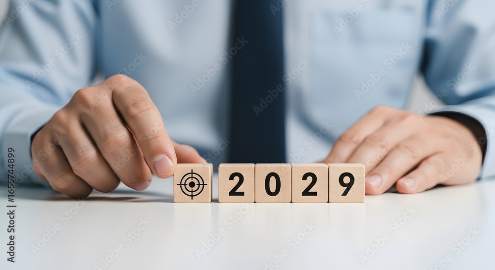 Poster man arranging wooden blocks with target symbol and numbers forming the year twenty twenty nine