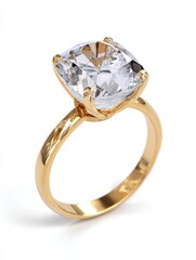 elegant gold with a large sparkling diamond solitaire gemstone classic jewelry accessory for engagement or special occasions on white background