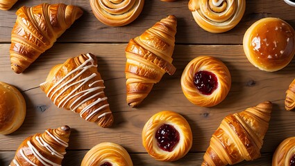 Overhead view of an abundant assortment of golden fresh baked pastries, including flaky croissants, sweet cinnamon swirls, and vibrant jam tarts on a rustic wooden surface.