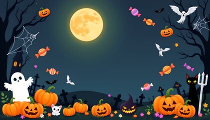 A Halloween themed illustration set at night with a full moon