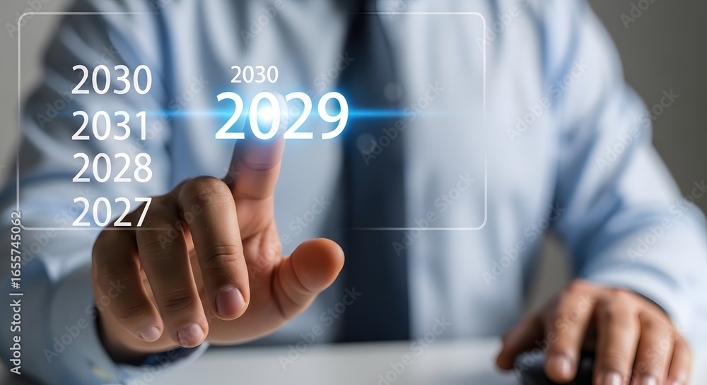 Poster man in blue shirt touching digital screen with future year selection interface display panel