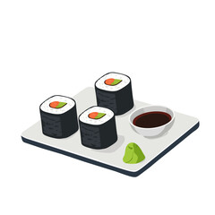 Vector illustration of sushi rolls with wasabi and soy sauce on a plate, isolated Japanese cuisine design, perfect for restaurant, menu, and food projects