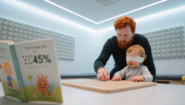 Red-haired father guiding blind toddler's hands on textured sensory board. Braille children's book in therapy room - family, motherhood concept.
