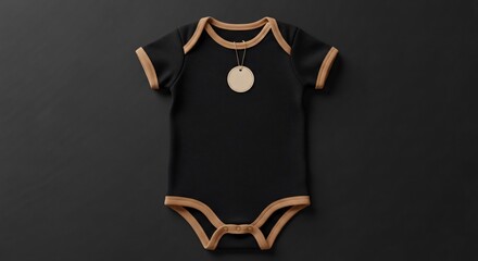 Stylish black baby onesie with tan trim and blank tag