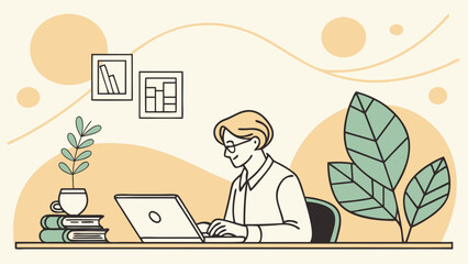 Remote work flat vector illustration with person working from home