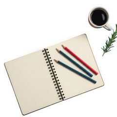 Open notebook with pencils and coffee on black background