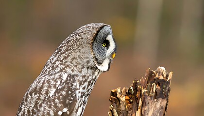Close-up view of a gray owl perched on a tree stump.