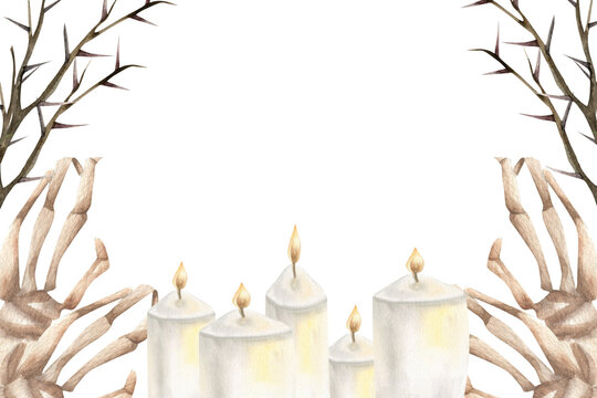 Halloween scary gothic banner template with watercolor hand bones,thorn branches and white candles illustration. October festive creepy frame, human body parts and esoteric witchy elements for poster