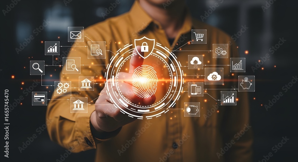 Poster person touching fingerprint scan surrounded by icons representing digital security features