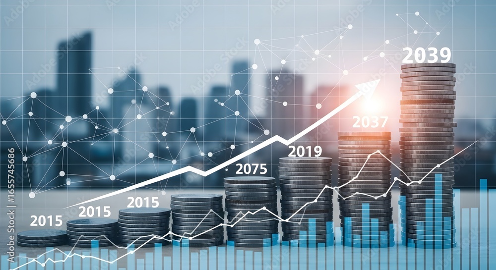 Poster stacked coins with increasing graph and city background showing financial growth concept image