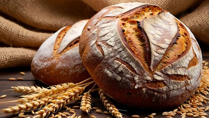 Two rustic artisan loaves of sourdough bread with crispy crusts and wheat grains against a textured burlap background.