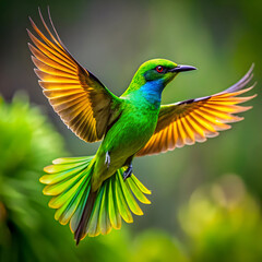 Fototapeta premium spectacular flight of a vivid green bird