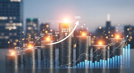 Naklejka premium Stacks of coins with rising arrow and graph depicting financial growth against cityscape backdrop