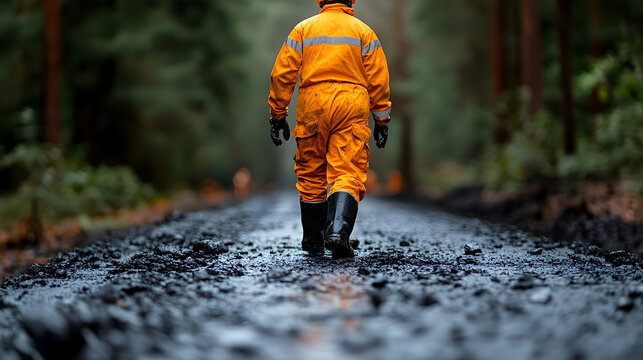 Worker in Bright Orange Protective Gear Walks on Dark, Wet Road