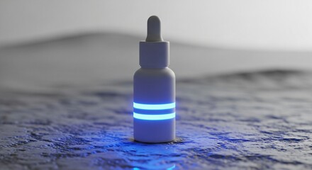 Modern white dropper bottle with glowing blue bands on textured surface