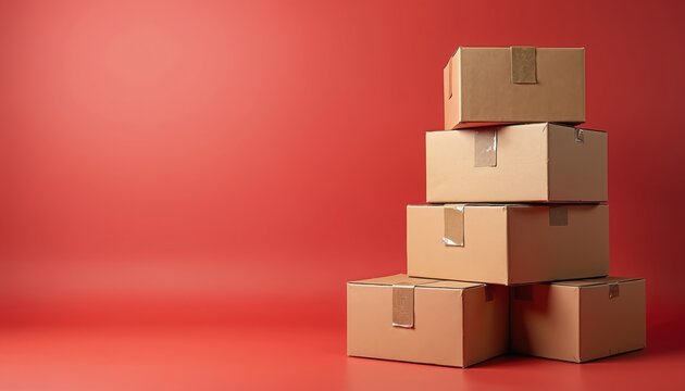 Stack of cardboard boxes against red background, suitable for shipping, delivery, storage needs. Packages represent e-business, online retail, product fulfillment processes. Versatile for logistics,