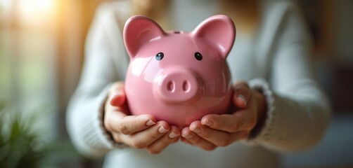 Obraz premium Person gently holds pink piggy bank, savings, financial responsibility. Cozy indoor setting with soft afternoon light. Image represents financial planning, education, future security for family,