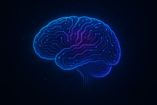 A futuristic neon digital brain composed of glowing blue and purple circuits, floating in a dark cyber space. Intricate neural pathways shine with holographic light, creating the impression of infinit