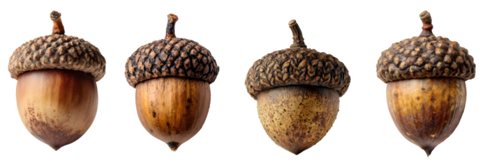 Acorns isolated on white background – cut out oak nuts in transparent PNG format